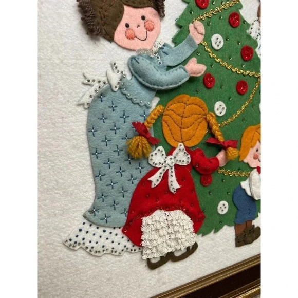 Vtg Christmas Tree Jolly Felt Sequin Embroidered Framed Handmade Decor Bucilla - Picture 3 of 7